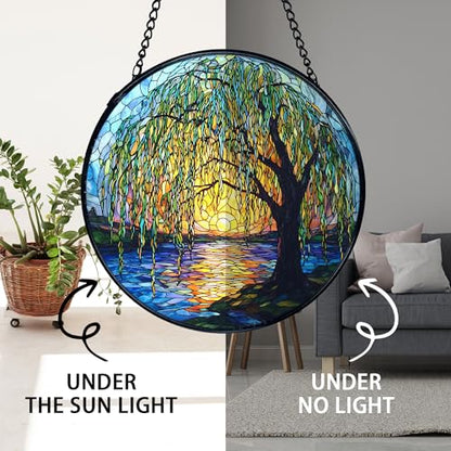 TNUW Willow Tree Stained Glass Window Hanging, Weeping Willow Sun Catchers Indoor Window Glass Round Wall Art Decor, Nature Tree Wall Hanging Decorations, 7.9＂x7.9＂