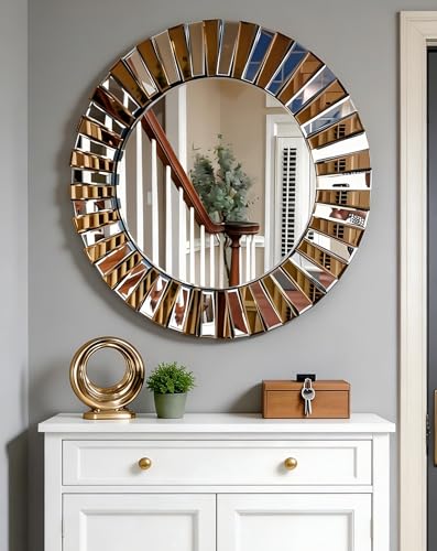 Decorative Round Mirror Sunburst: Silver-Brown Crystal Edge 31.5 in - size: 31.5"L x 31.5"W