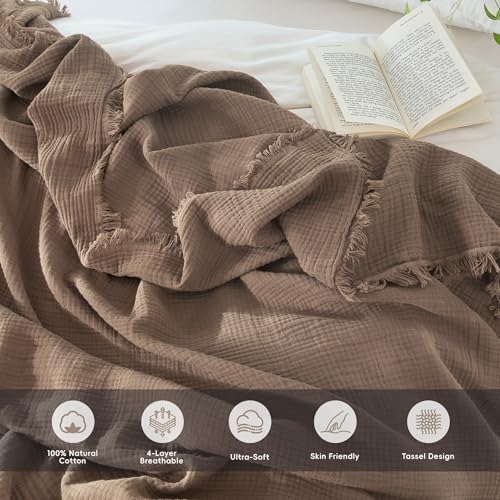 MooMee 100% Cotton Muslin Blanket Fringed 4-Layer Gauze Bed Throw, Queen - color: Brown, size: Queen