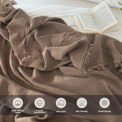 MooMee 100% Cotton Muslin Blanket, Fringed 4-Layer Gauze Bed Couch Throw - color: Brown, size: Twin XL