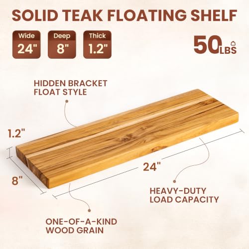 24 Inch Teak Floating Shelves, Set of 2 – Wall Mount Shelves for Bathroom - color: Raw Teak, size: 24"L, 2-Pack