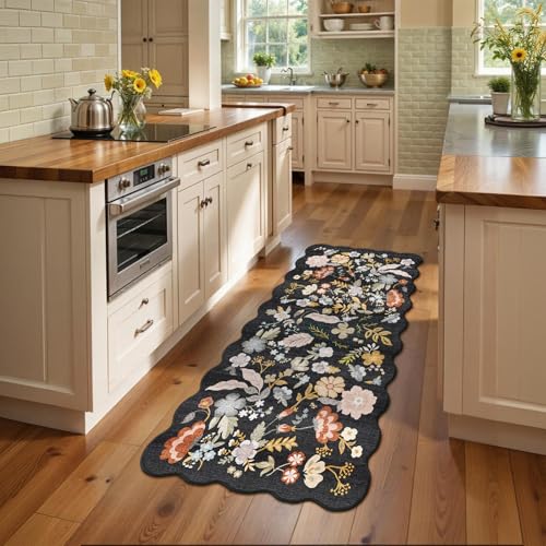 3x6 Washable Kitchen Runner Rug: Floral Scalloped Hallway Runner Rugs Black - color: Black, size: 3' x 6' (Runner)