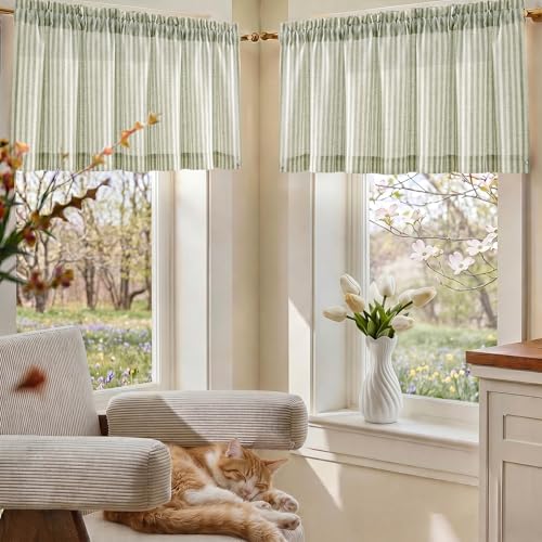 jinchan Linen Boxter Stripe Valances for Window 16 inch,Sage Green,1 Panel - color: Boxter Stripe | Sage Green on Linen, size: 50"W x 16"L (Pack of 1)