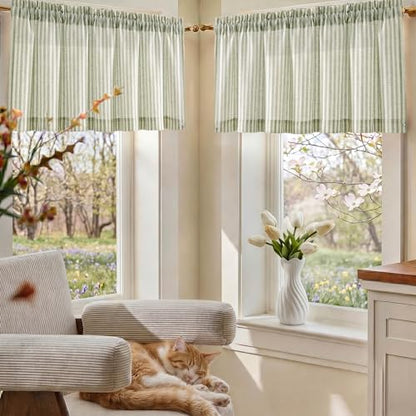 jinchan Linen Boxter Stripe Valances for Window 16 inch,Sage Green,1 Panel - color: Boxter Stripe | Sage Green on Linen, size: 50"W x 16"L (Pack of 1)