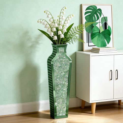 SHYFOY Green Crushed Diamond Floor Vase, Large Mirrored Tall Vases for Floor, Modern Glass Decorative Vases for Living Room Bedroom Home Corner Indoor Office, 26.8" Tall - color: Green, size: 26.8"H x 7.8"L x 4.7"W