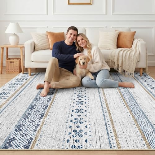 BESTSWEETIE 8x10 Area Rugs for Living Room Washable Moroccan Farmhouse Neutral Geometric Low Pile Non-Slip Soft Print Pattern Rug for Bedroom Kitchen Dining Room Entryway Blue/Brown - color: Blue/Brown, size: 8' x 10' (Rectangular)