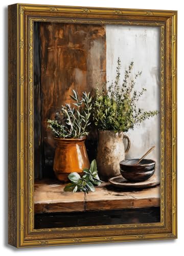 Vintage Gold Framed Canvas Wall Art 9×11 Inch Herb Still Life Picture Poster Rustic Wall Decor for Kitchen Farmhouse Indoor Home Decoration - color: Vanilla, size: 11"L x 9"W