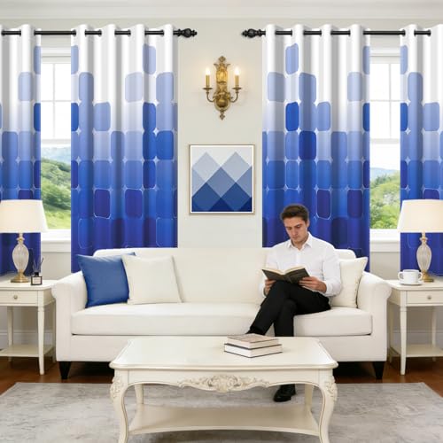Royal Blue Ombre 90% Blackout Curtains 63 Inches Long 2 Panels for Living Room Bedroom Checkered Patterned Room Darkening Curtains Insulated Window Treatment Drapes with Grommet Top, 52" x 63" - color: 03 Diamond - Royal Blue, size: 52"W x 63"L (Pack of 2