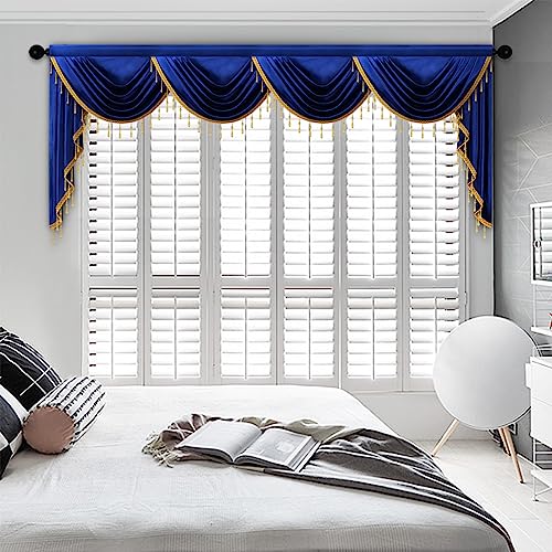 ELKCA Luxury Royal Blue Velvet Curtain Valances for Living Room with Beads(118inch,1 Panel) - color: Royal Blue, size: 118"W x 43"L (Pack of 1)