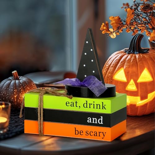 Halloween Decorations 4PCS Table Centerpieces, Cute Tabletop Halloween Decor for Tiered Tray Shelf Mantel Fire Place Office Desk Rustic Farmhouse Wood Faux Book Stack and Witch’s Hat Sign - color: Green, Black, Orange