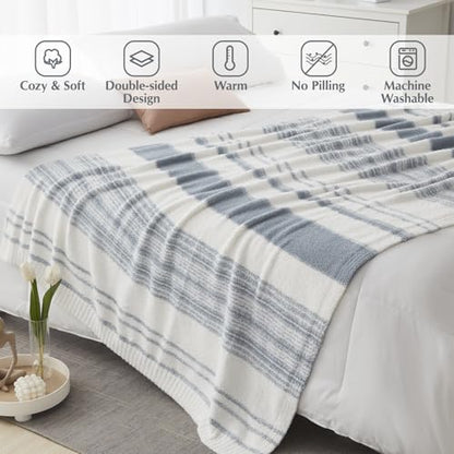 WRENSONGE Soft Throw Blanket for Couch-Cozy Reversible Knitted Blankets - color: Blue Striped, size: Throw-XL(50"x 70")