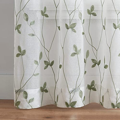 Curtainworks Botanical Embroidery Sheer Window Curtain Collection, Rod Pocket, 84-inch Panel Pair, Sage, Green - color: Green, size: 37"W x 84"L (Pack of 2)