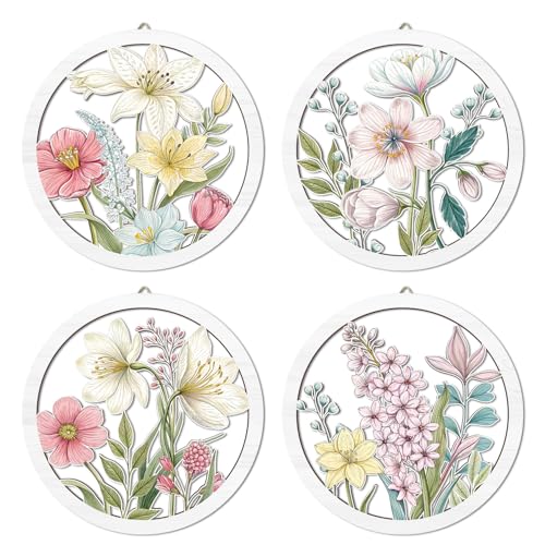HPNIUB Boho Flower Wall Decor, Abstract Floral Market Wooden Wall Hanging Sign, 4 Pieces 10''x10'' Colorful Plant Wall Art, Minimalist Wildflower Botanical Wood Plaue for Girls Bedroom Living Room - color: Boho wildflower