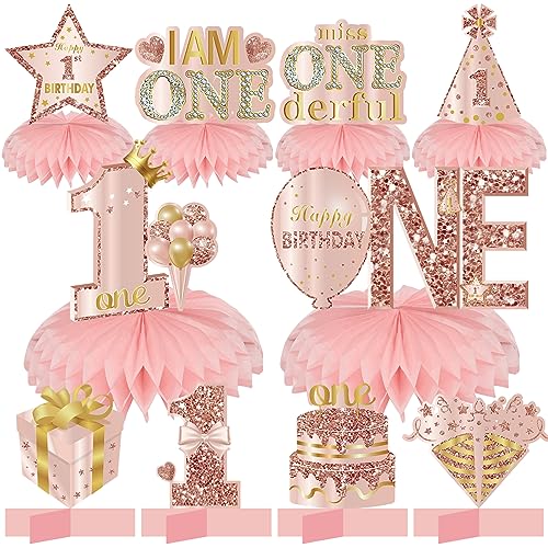 Turypaty Happy 1st Birthday Honeycomb Table Centerpieces Decorations Girls - style: Pink Rose Gold 1st