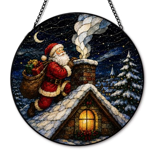 Winter Christmas Suncatcher Stained Glass Window Hanging, Winter Santa Claus Xmas Sun Catchers Indoor Window Glass Round Wall Decor, Vintage Christmas Wall Art Hanging Decorations, 7.8x7.8in - color: Chimney