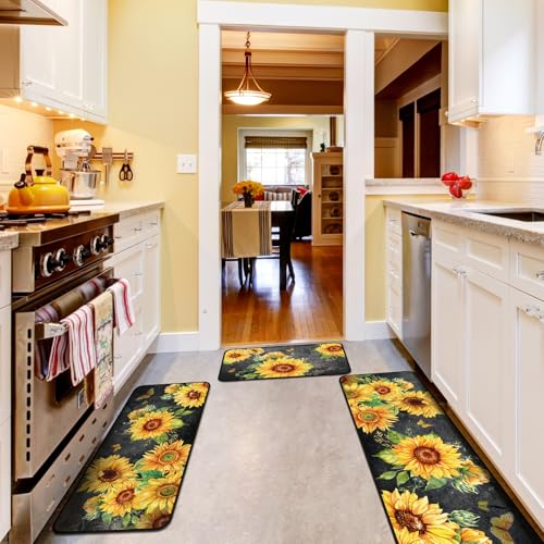 Fourluoo 3 Pcs Sunflower Kitchen Rugs and Mats Decor Set Black Sunflower - color: Sunflower