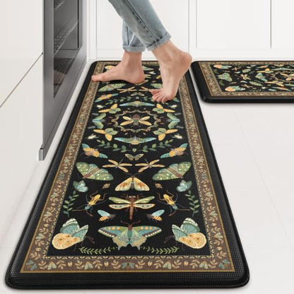 KIMODE Kitchen Mats for Floor 2 Piece Cushioned Anti Fatigue Kitchen Rugs - color: Midnight Black Botanical