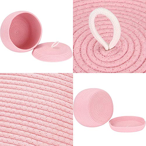 Sea Team Round Woven Cotton Rope Storage Basket with Lid, Pink - color: Pink, size: Small