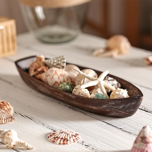 Rustic Wooden Serving Tray, Boat Shape Decorative Tray Vintage Centerpiece, Farmhouse Rustic Trays, Key Tray, Decorative Platter for Countertop Home Decorations- Distressed Brown。(Size M) - size: 12.7" x 5" x 1.9"