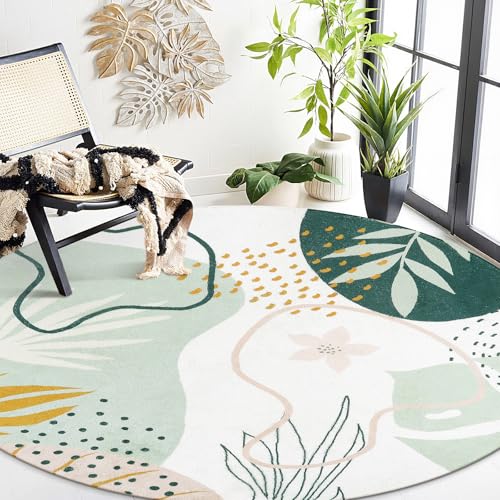 Lahome Green 8 Ft Round Rug - Washable Round Area Rug for Living Room Throw Soft Boho Round Rug Large Non-Slip Dining Room Rug, Botanical Print Round Carpet for Bedroom Office (Green,8'x8') - color: Green, size: 8' (Round)