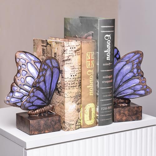 Vintage Purple Butterfly Bookends,Resin Book Ends for Shelves,Heavy Duty Decorative Bookends,Creative Book Stopper Holder Decor for Desk Home Office,Shelf Decoration,Gifts for Mother's Day - color: Purple
