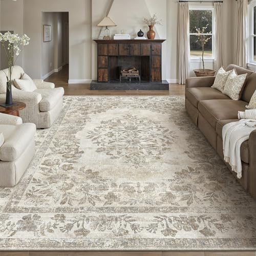 PureCozy 8x10 Washable Area Rug Living Room Cream Beige Vintage Carpet - color: Vintage Beige/Cream, size: 8' x 10' (Rectangular)