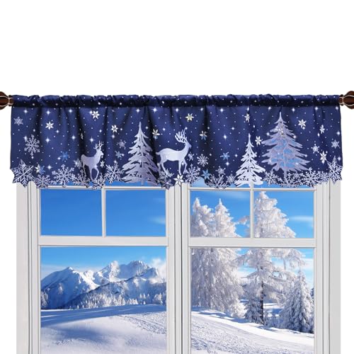 Grelucgo Embroidered Reindeer Rod Pocket Kitchen Window Curtains Valance 58×14 Inches for Christmas Holidays (Reindeer Navy) - color: Reindeer Navy