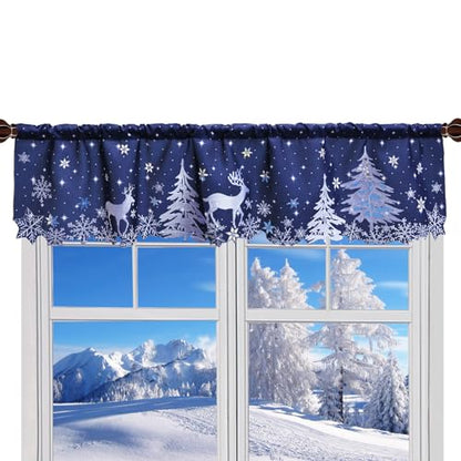 Grelucgo Embroidered Reindeer Rod Pocket Kitchen Window Curtains Valance 58×14 Inches for Christmas Holidays (Reindeer Navy) - color: Reindeer Navy
