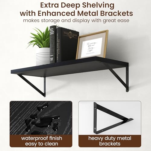 Axeman Deep Floating Shelves - 30 Inch Black Floating Shelves Set of 2-12 Inch Deep Wood Wall Shelves for Living Room Bathroom Kitchen - color: Black, size: 30W x 12D
