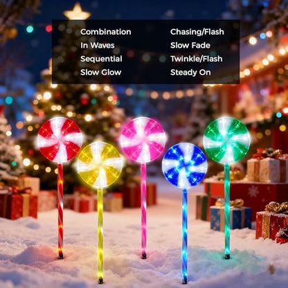 BRIGHTDECK 5 Pack Solar Christmas Pathway Lights, Multi Lollipop Stakes - color: Multicolor, size: 5Pack