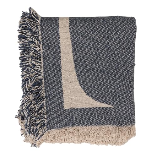 Bloomingville Woven Cotton Blend Jacquard Throw Blanket, Natural and Blue