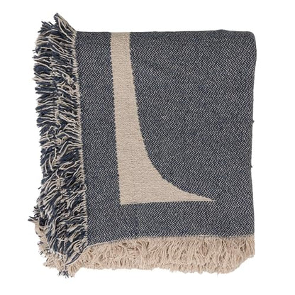 Bloomingville Woven Cotton Blend Jacquard Throw Blanket, Natural and Blue