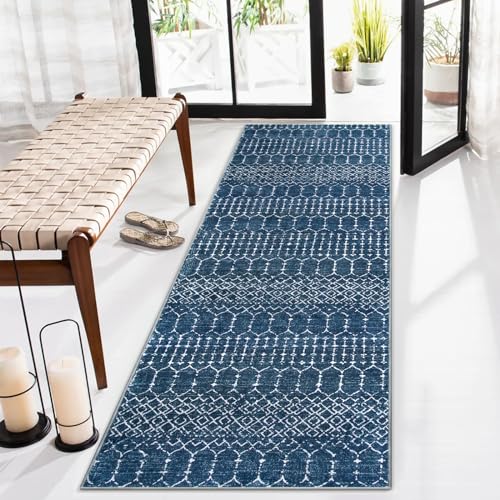 Lahome Moroccan Blue Runner Rug 2x6 Rug Non-Slip Stain Resistant Kitchen Rug Runner Low-Profile Washable Hallway Runners, Geometric Print Distressed Carpet for Entryway Laundry Room Hana - color: Blue, size: 2' x 6' (Runner)
