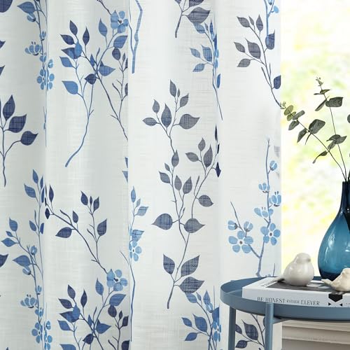 Beauoop Floral Linen Semi Sheer Curtains Living Room Blue Navy 50x108 2 Set - color: Grommet | Blue and Navy, size: 50"W x 108"L (Pack of 2)