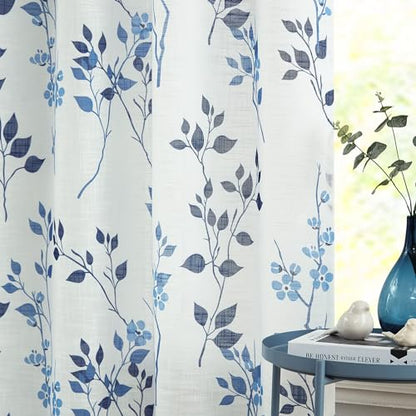 Beauoop Floral Linen Semi Sheer Curtains Living Room Blue Navy 50x96 2 Set - color: Grommet | Blue and Navy, size: 50"W x 96"L (Pack of 2)