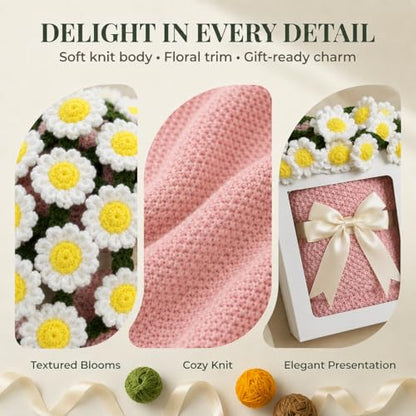Daisy Crochet Flower Bouquet Blanket, Handmade Knitted Throw Blanket - color: Pink Daisy, size: Medium