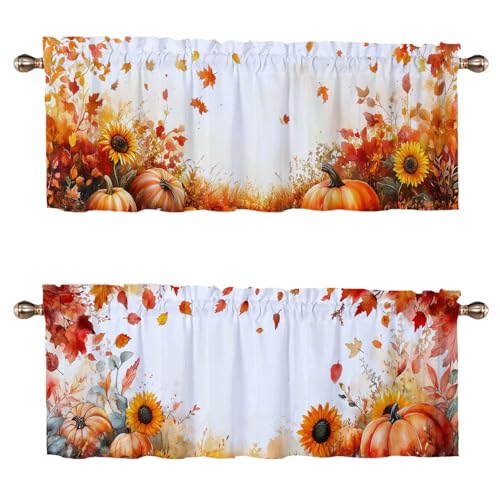 Fall Pumpkins Kitchen Curtain Valance 2 Pack Thanksgiving Maple Leaves Sunflowers Window Valance for Living Room Bathroom Bedroom Window Treatment Valances 54x18 inch - color: Fall Pumpkins