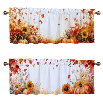 Fall Pumpkins Kitchen Curtain Valance 2 Pack Thanksgiving Maple Leaves Sunflowers Window Valance for Living Room Bathroom Bedroom Window Treatment Valances 54x18 inch - color: Fall Pumpkins