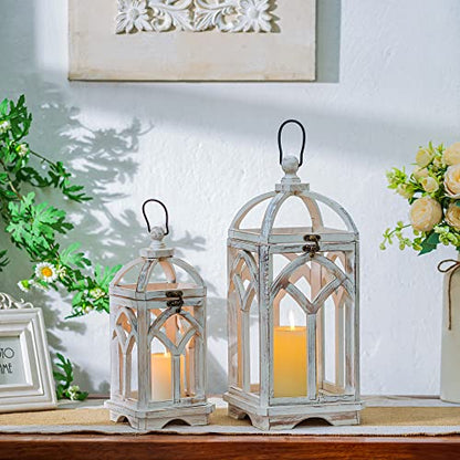 Romadedi Set of 2 Farmhouse Wood Candle Lanterns Decorative, Whitewashed - color: Washedwhite