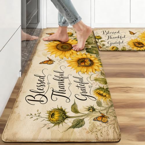 Kitchen Rugs for Floor 2 Pcs Memory Foam Padded Anti Fatigue Kitchen Mat - color: Sunflower