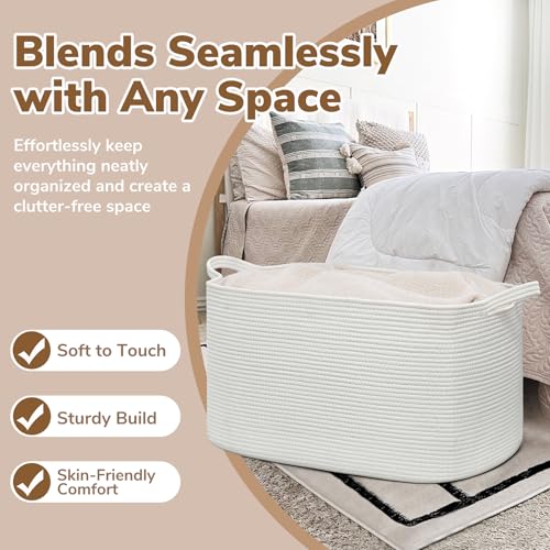 Goodpick Large Woven Rope Blanket Basket, Rectangle, White, 75L - color: White, size: Large(21.6"L x 14.9"W x 11.8"H)