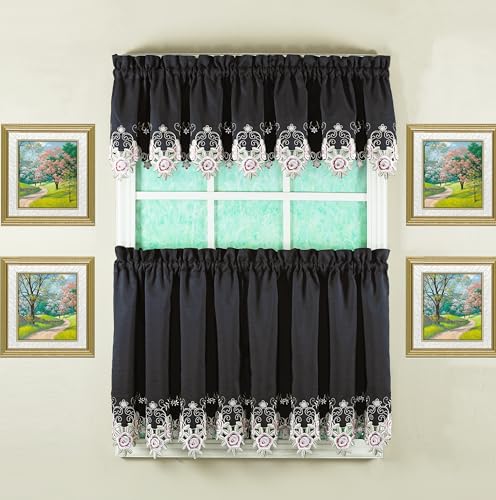 Today's Curtain Verona Reverse Embroidery Tier, 30", Black/Rose, 60" W X 30" L - color: Black/Rose, size: 60"W x 30"L (Pack of 1)