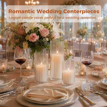 24-Pc Set: 12 White Pillar Candles & 12 Hurricane Glass Holders