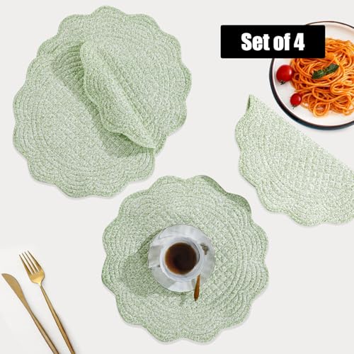 HOMBYS Quilted Placemats Set of 4 Washable Round Placemats for Kitchen Table-100% Cotton Fabric Round Table Mats, (White with Green Flower) - color: White With Green Flower