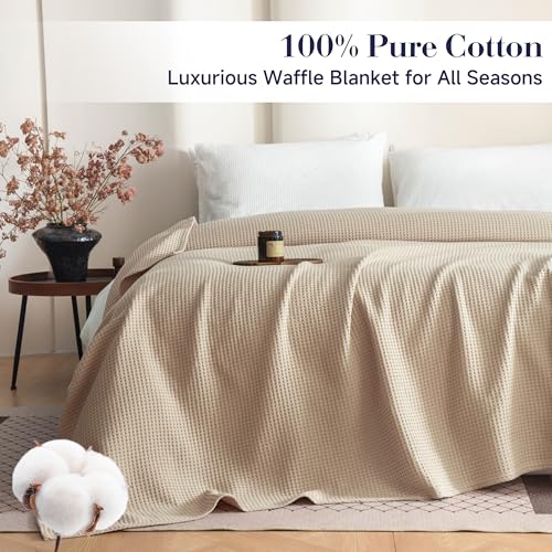 Simple&Opulence 100% Cotton Waffle Weave Blanket Twin Size 66"x90", 260GSM Pre-Washed Soft Cooling Lightweight Breathable All-Season Luxury Layer Blanket, Home Decor Gift for Adults Couch Bed, Khaki - color: Khaki, size: Twin(66"x90")