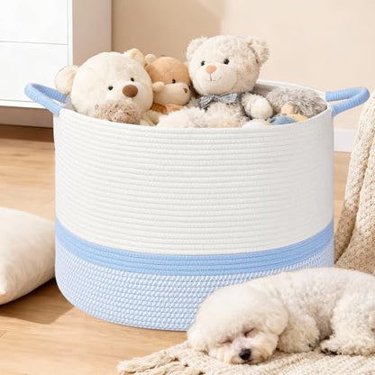 67L Large Blanket Basket, 20"x13" Blanket Basket Living Room, Woven Baskets With Handle, Toy Baskets for Blankets, Nursery, Dog, Pillow, Gift (White & Blue) - color: White & Blue, size: 67L