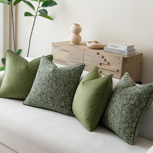 a moment Dark Green 4 Pack Throw Pillow Covers - Chenille & Velvet Set with Piping, Farmhouse Textured Design Pillow Cases for Couch Sofa Bed Livingroom (16x16 Inch, No Insert) - color: Dark Green, size: 16" x 16" (Pack of 4)