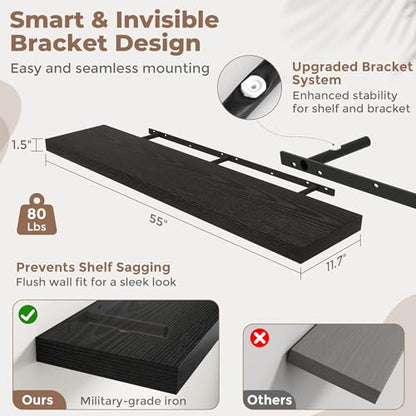 55 Inch Floating Shelves, 12"Deep Wall Shelf, 80 Lbs Capacity, Black, 2pcs - color: Black, size: 55"Wx12"Dx1.5"H