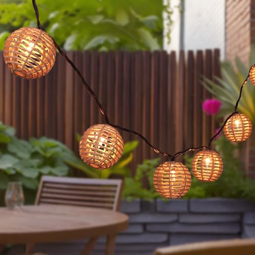 TWINKVILLA Decorative String Lights Plug in with 10 Incandescent Bulbs, Natural Rattan Globe Boho Lantern String Lights Connectable Weatherproof Outdoor Indoor for Bedroom Patio Pergola Decor