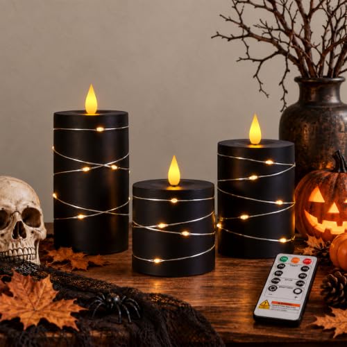 Raycare Halloween Battery Operated Flameless LED Pillar Candle with Remote - color: 3pcs-black